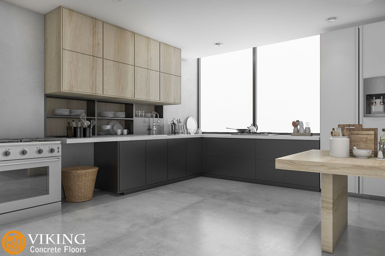 A kitchen with concrete floors