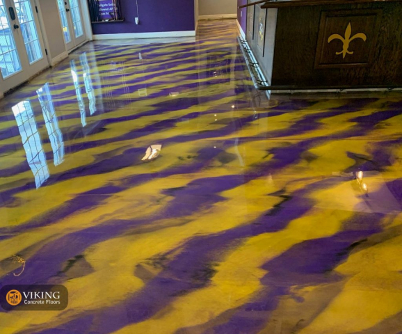 Metallic epoxy Flooring in yellow and purple colors In & Near Prairieville, LA