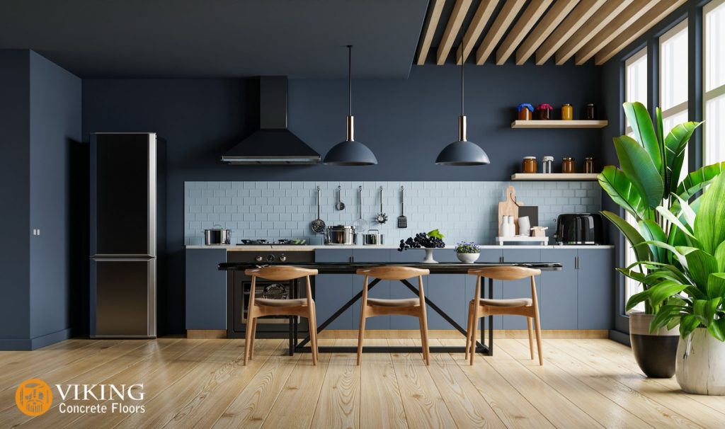 a kitchen with dark design and bright concrete flooring In & Near Prairieville, LA
