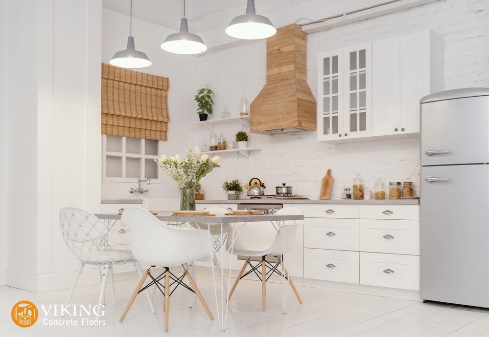 a modern kitchen with concrete flooring In & Near Prairieville, LA